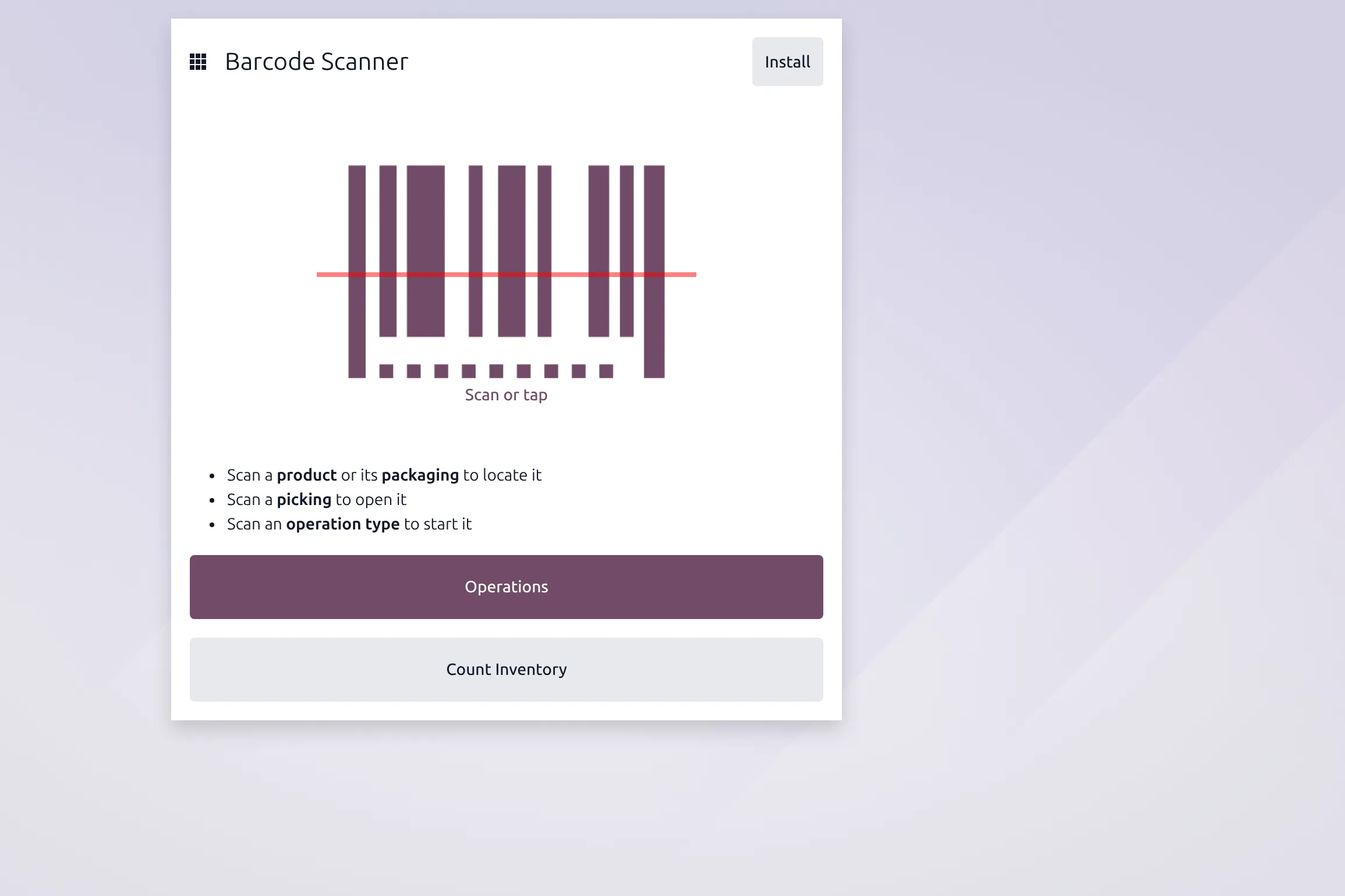 Odoo Barcode scanner app with operations and inventory count
