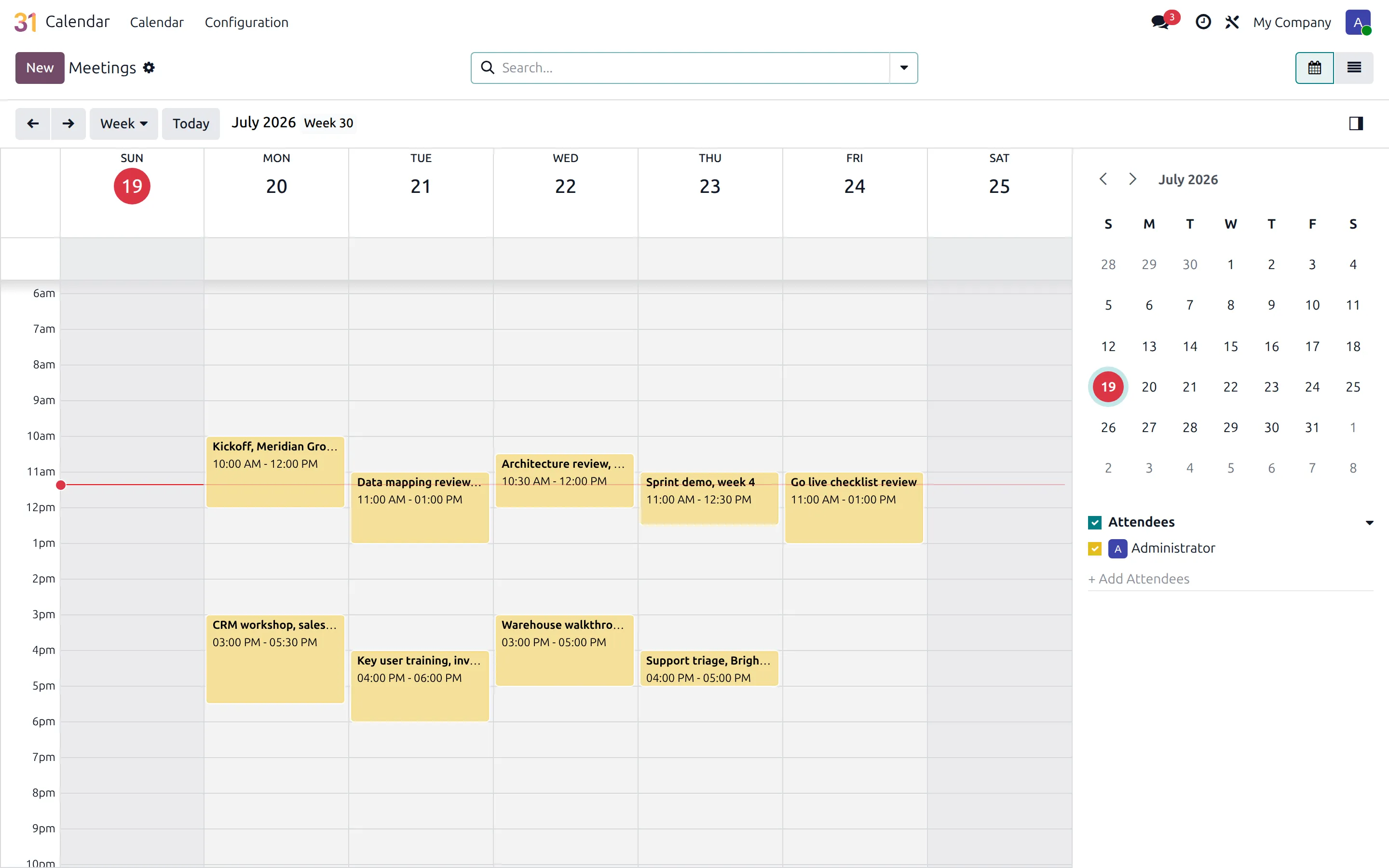 Odoo calendar week view with client workshops, reviews and training sessions