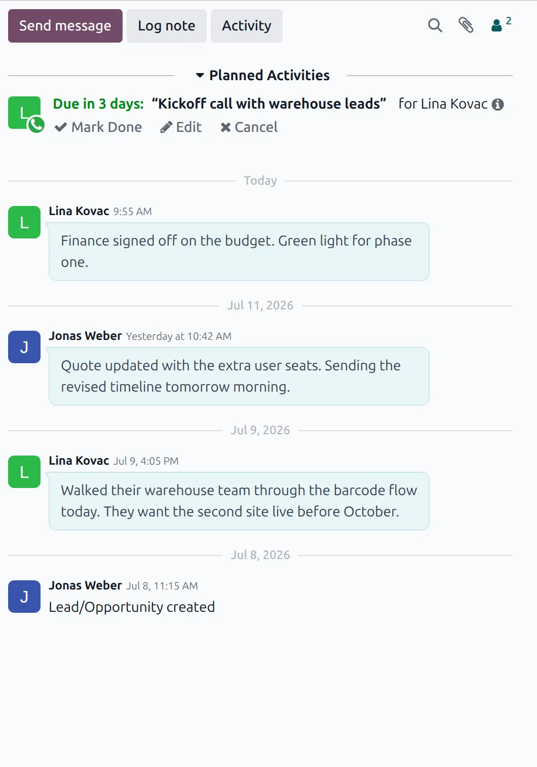 Odoo chatter on a CRM deal with a planned call activity and messages from the team