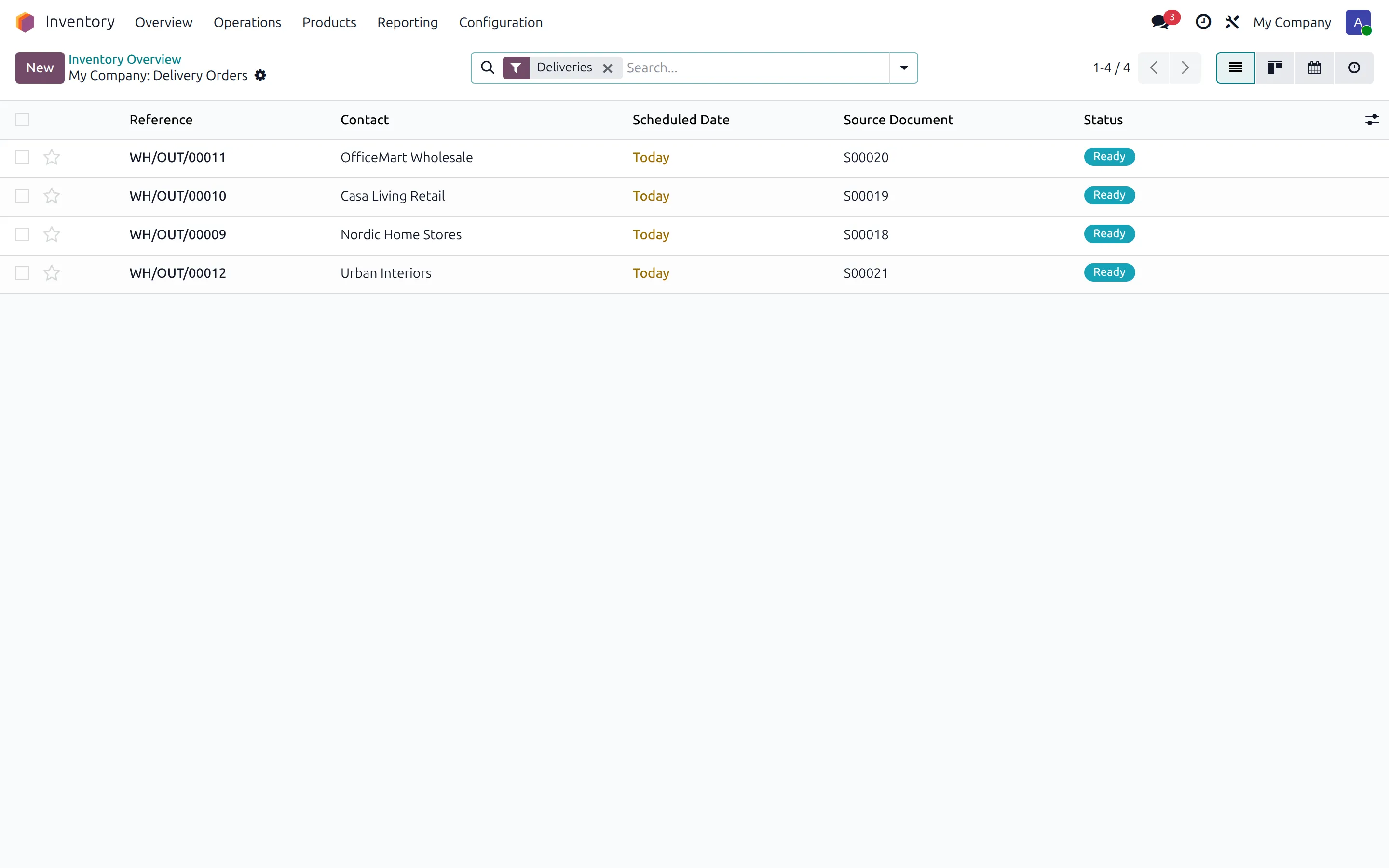 Odoo delivery orders list, ready to ship, one per customer order