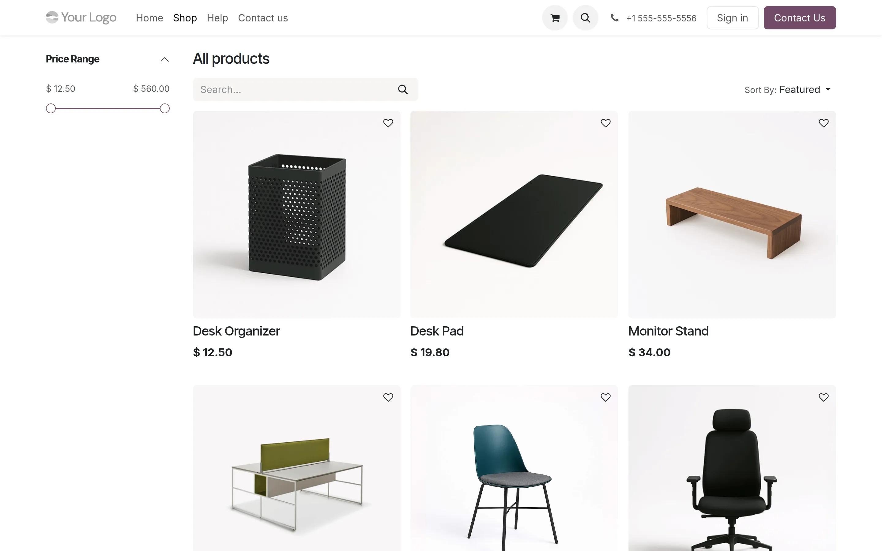 Odoo eCommerce storefront showing a furniture product grid with prices
