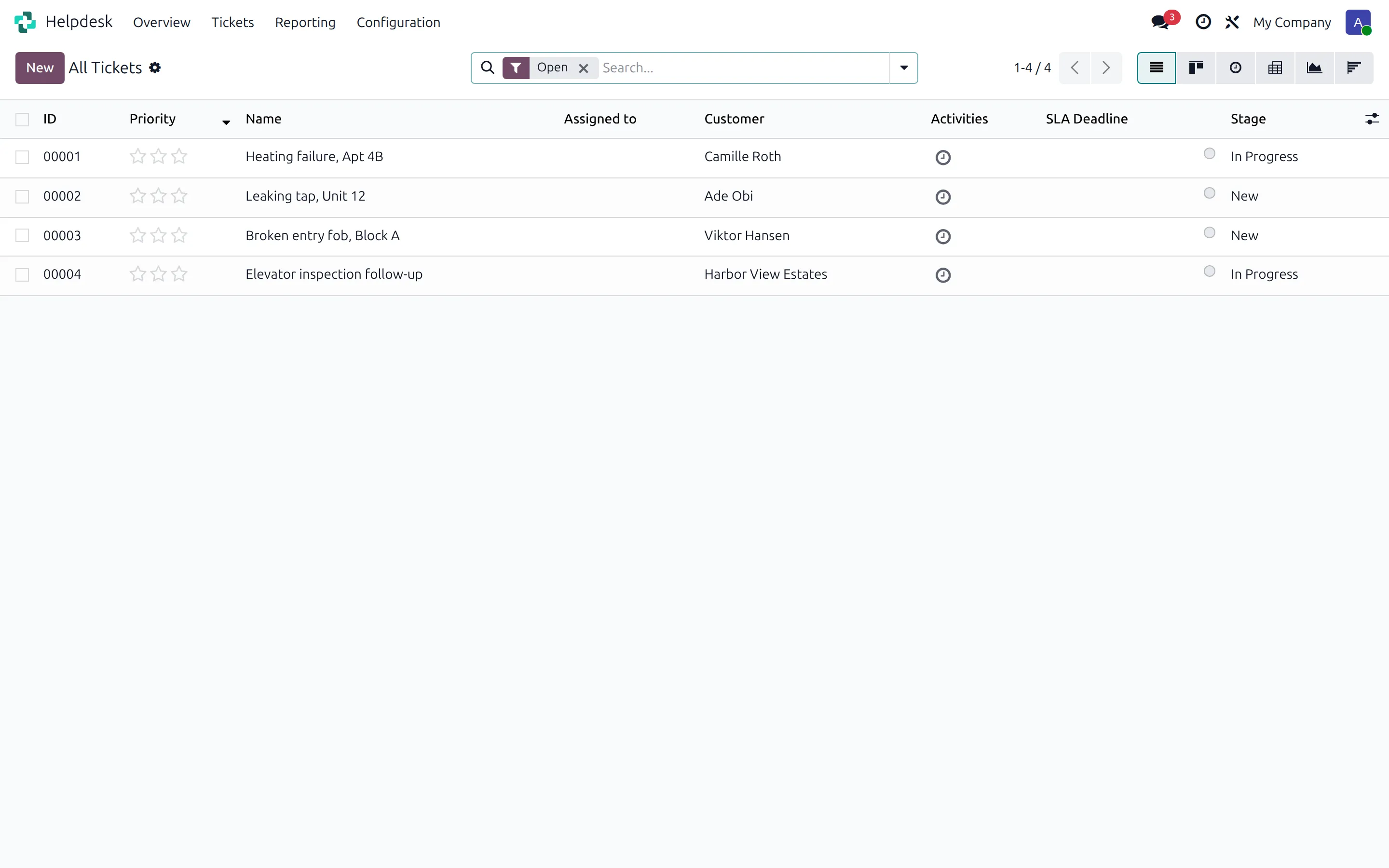 Odoo Helpdesk tickets for tenant maintenance requests with stages