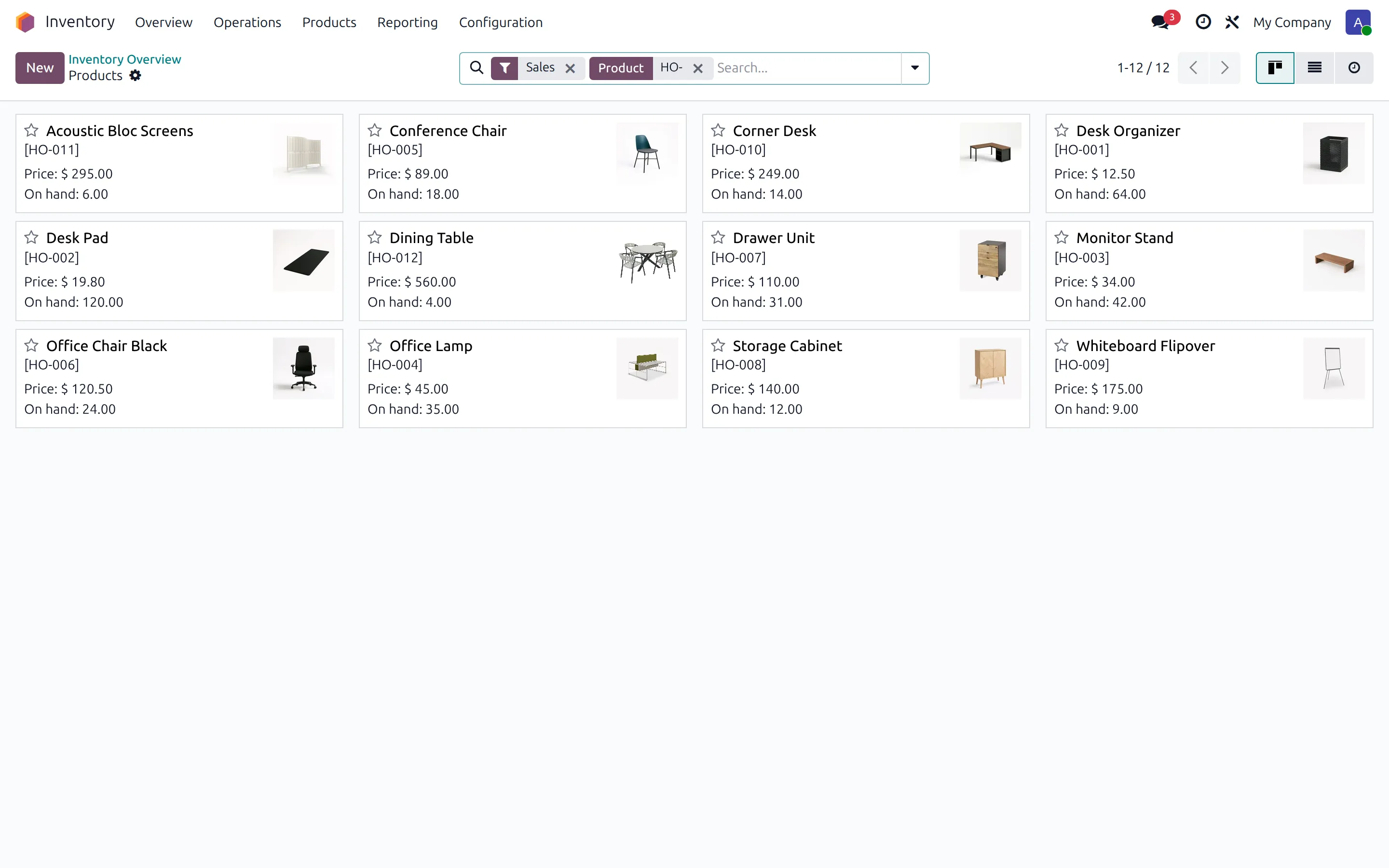 Odoo Inventory product list with prices and on hand quantities