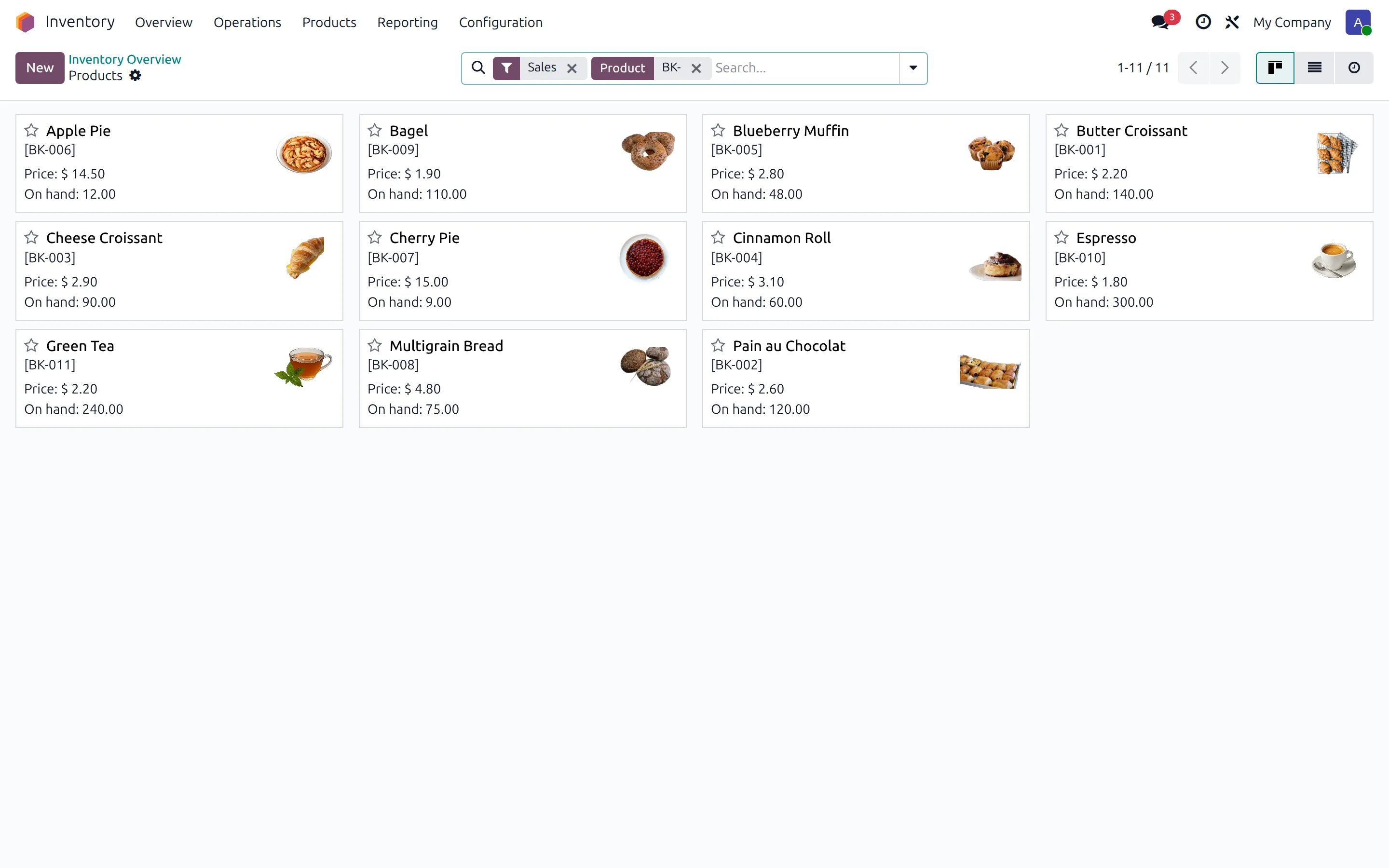 Inventaire Odoo avec produits de boulangerie et ingrédients en stock