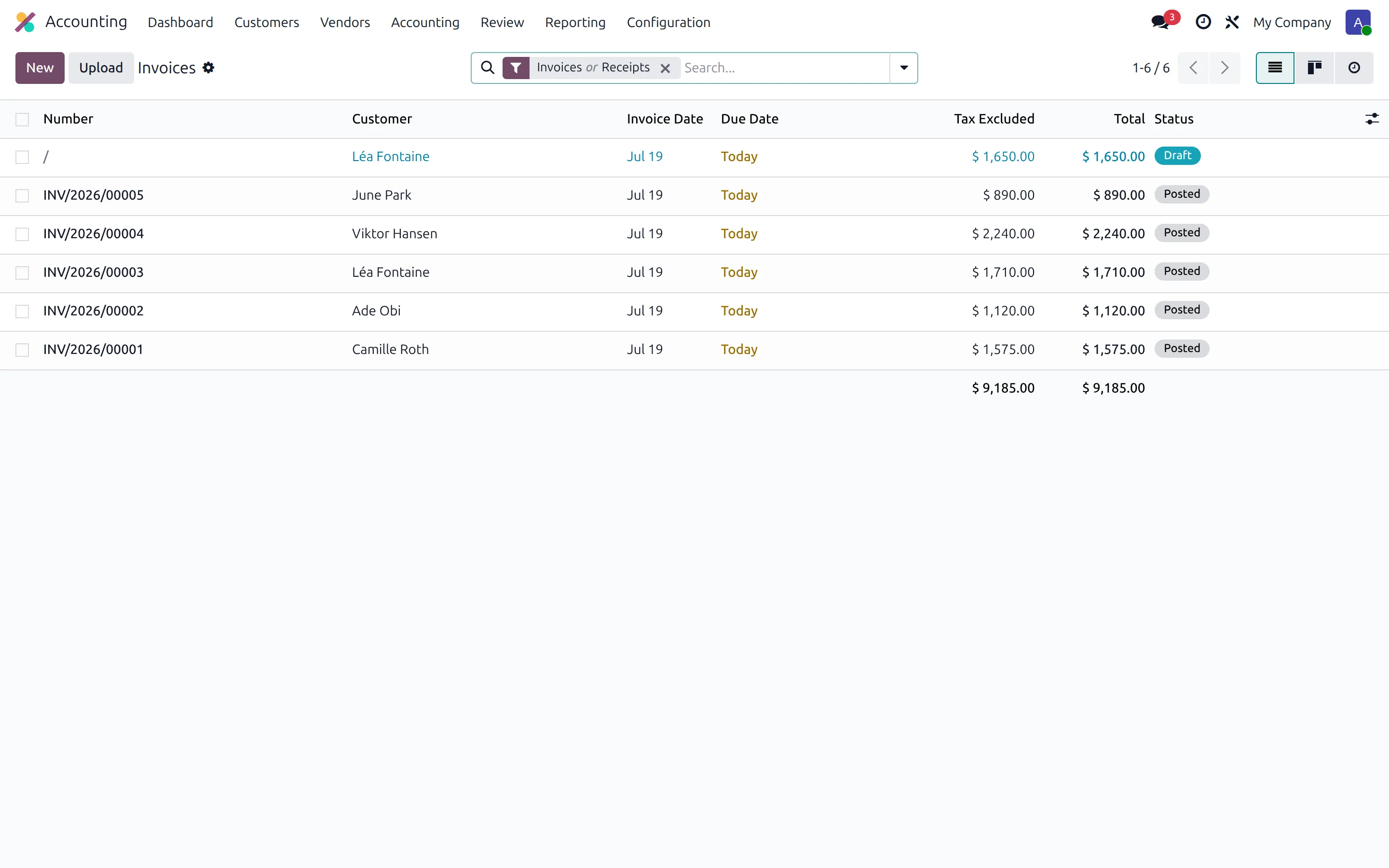 Odoo customer invoices list with monthly rent for apartments and units