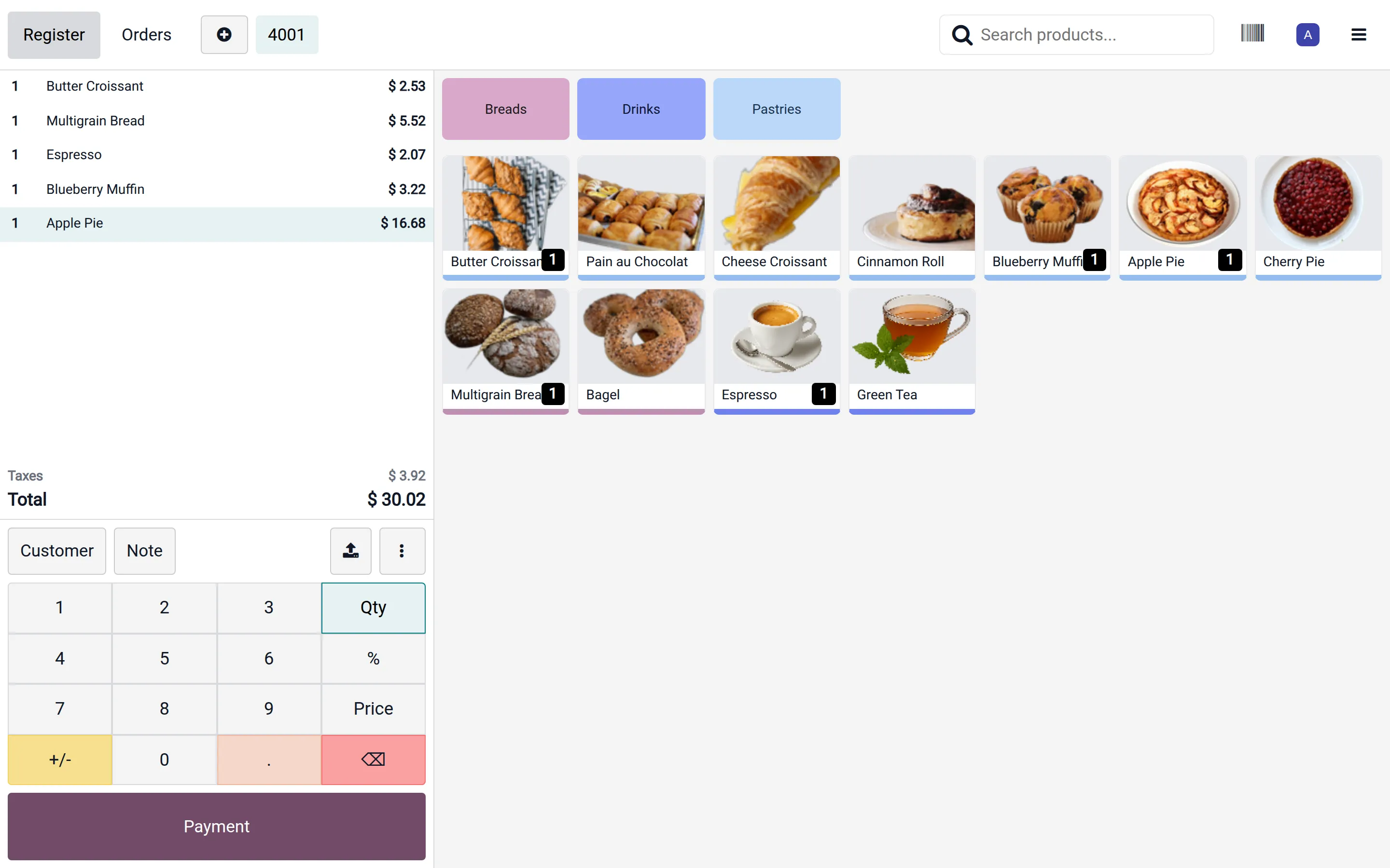 Caisse Odoo d’une boulangerie avec viennoiseries, pains et boissons