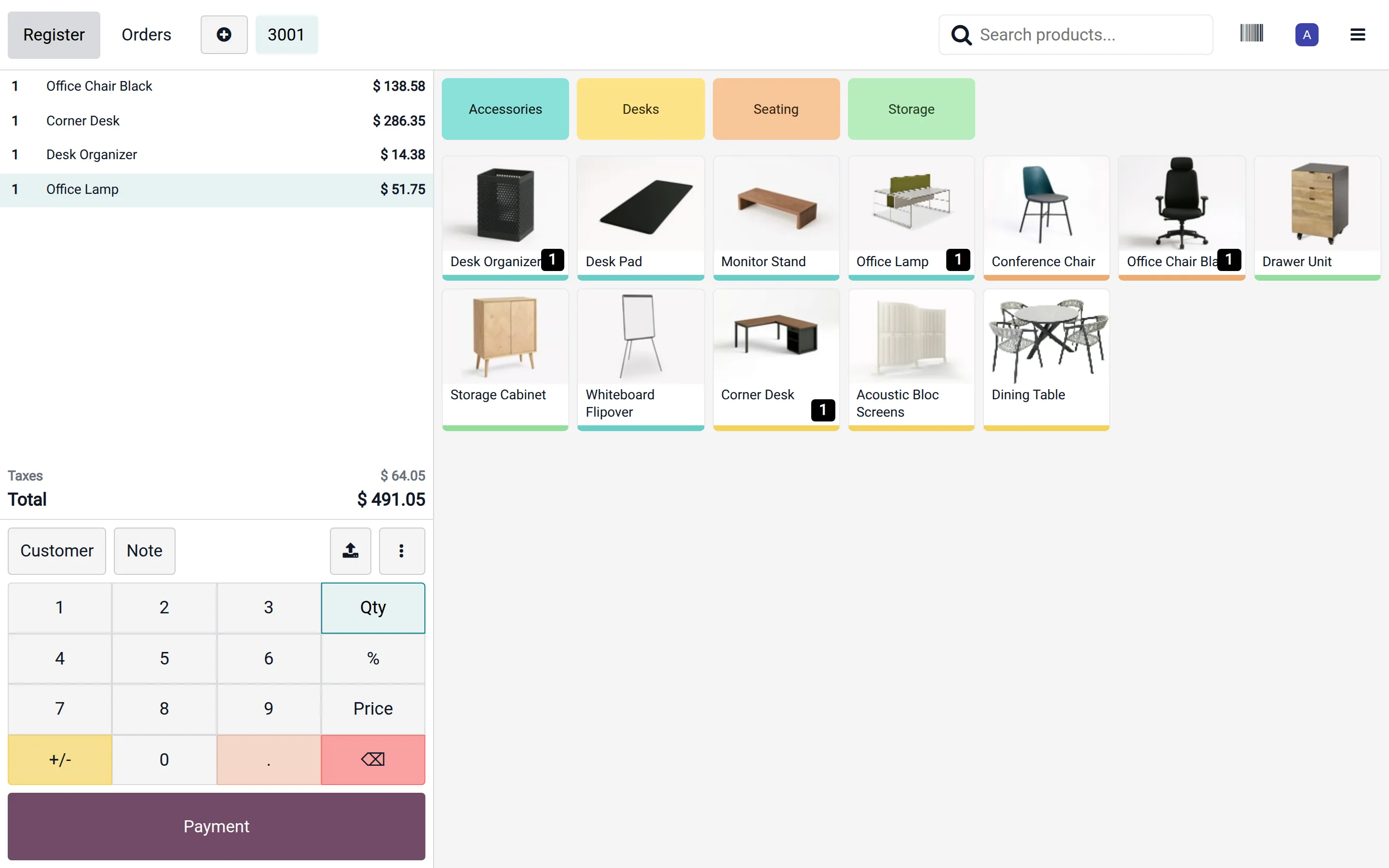 Odoo Point of Sale register with a furniture product grid and an open order