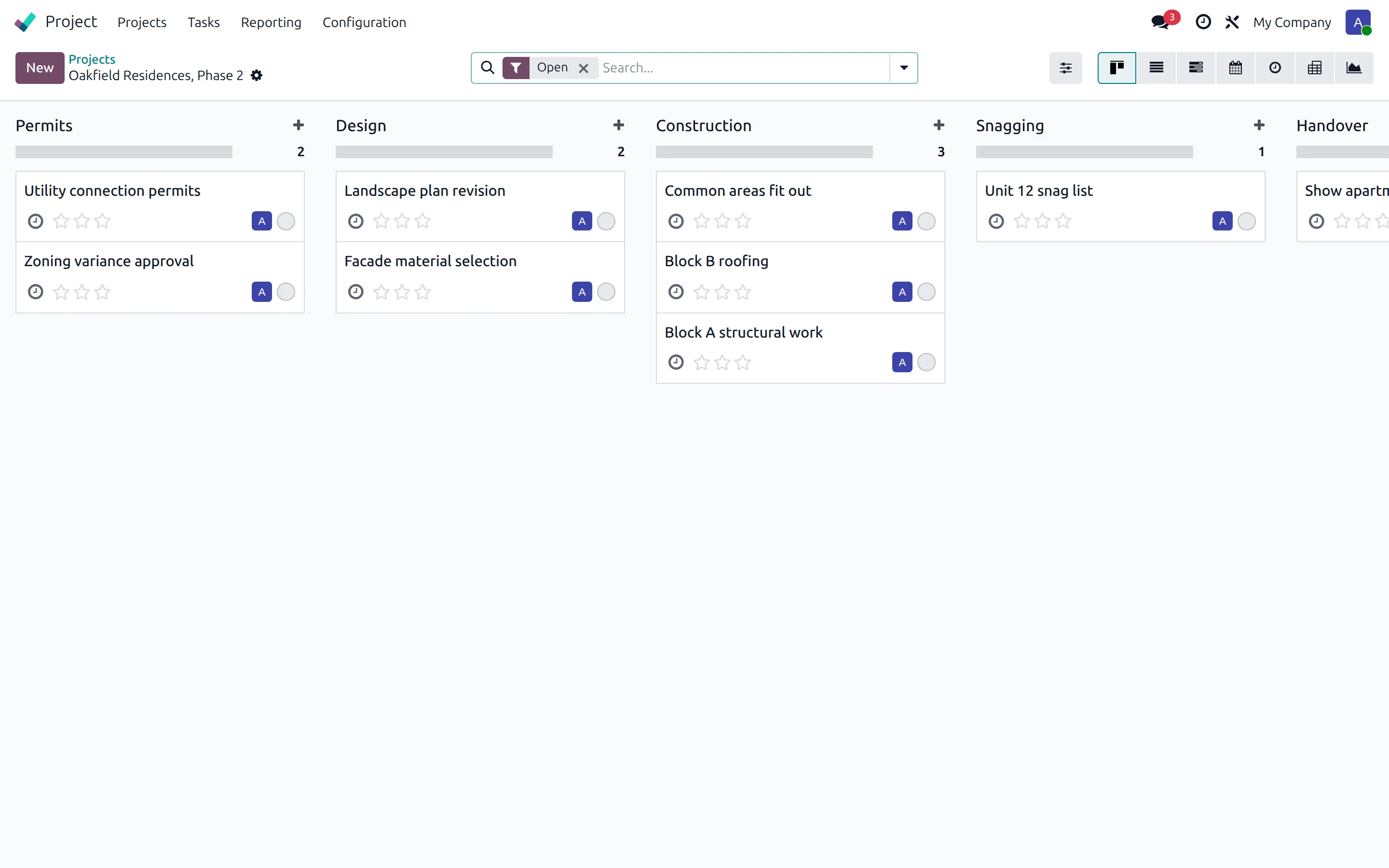 Odoo project board for a residential development with permits, design and construction stages