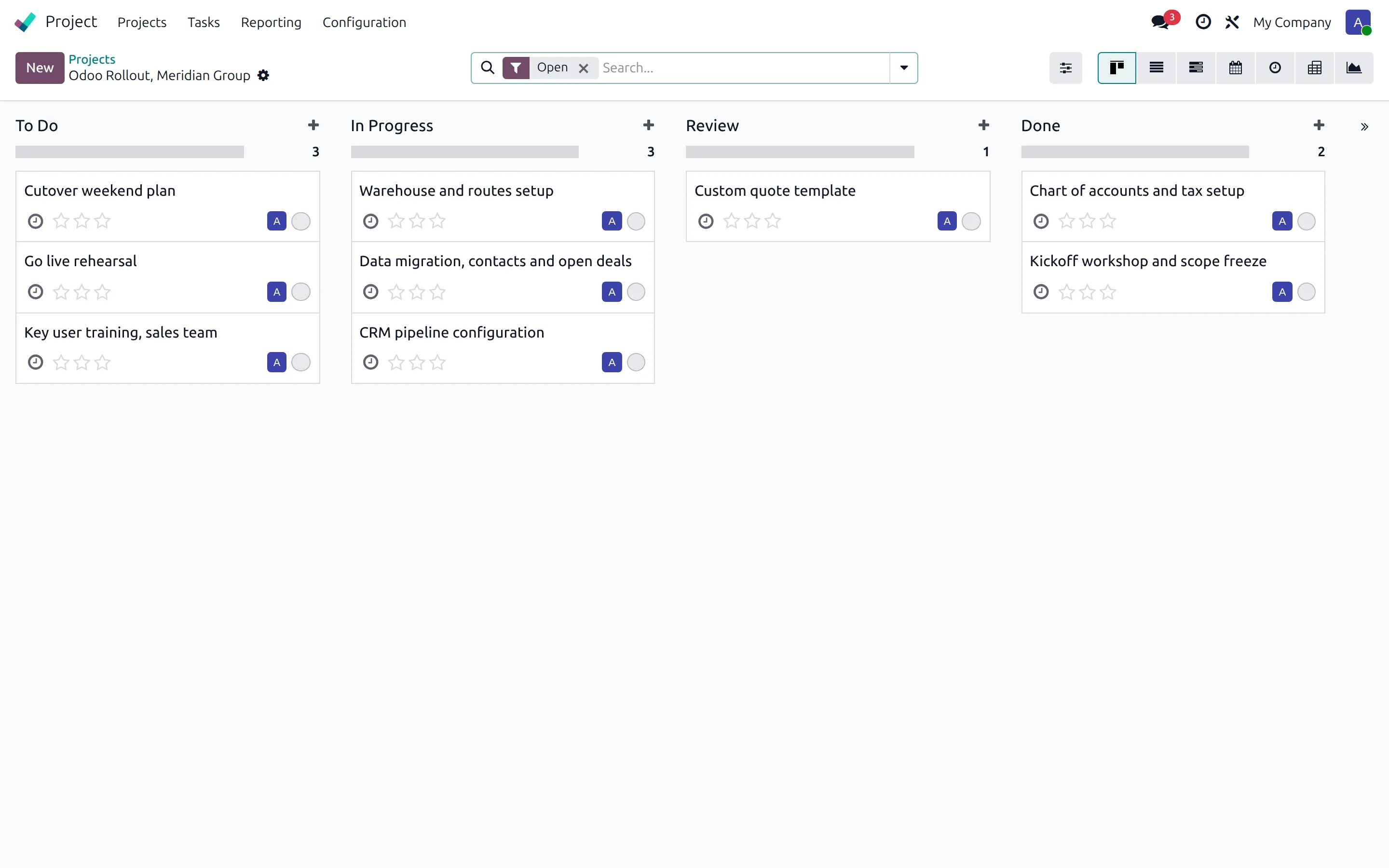 Odoo project board for a client engagement with staged tasks