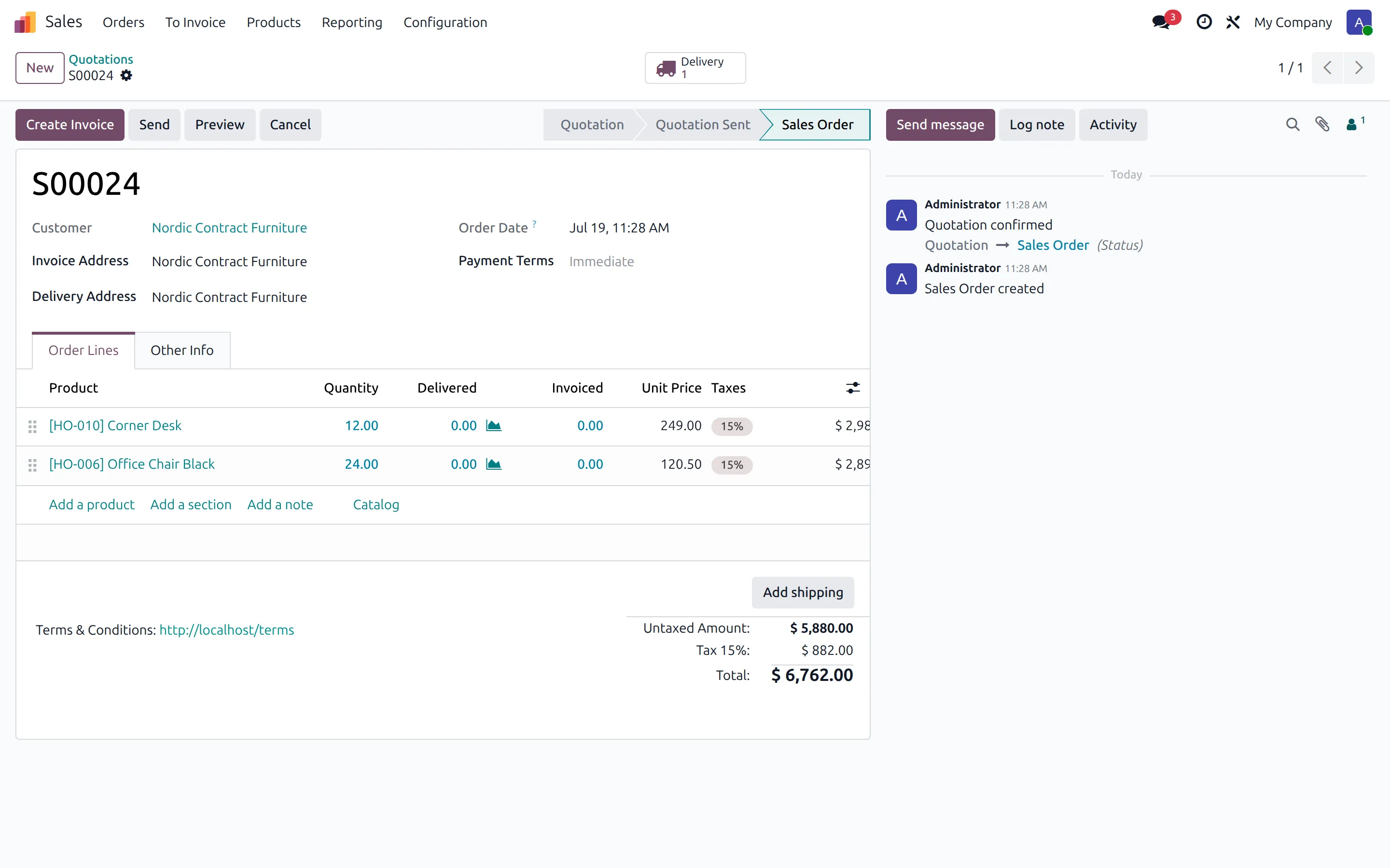 Odoo sales order for a furniture contract with desks and chairs