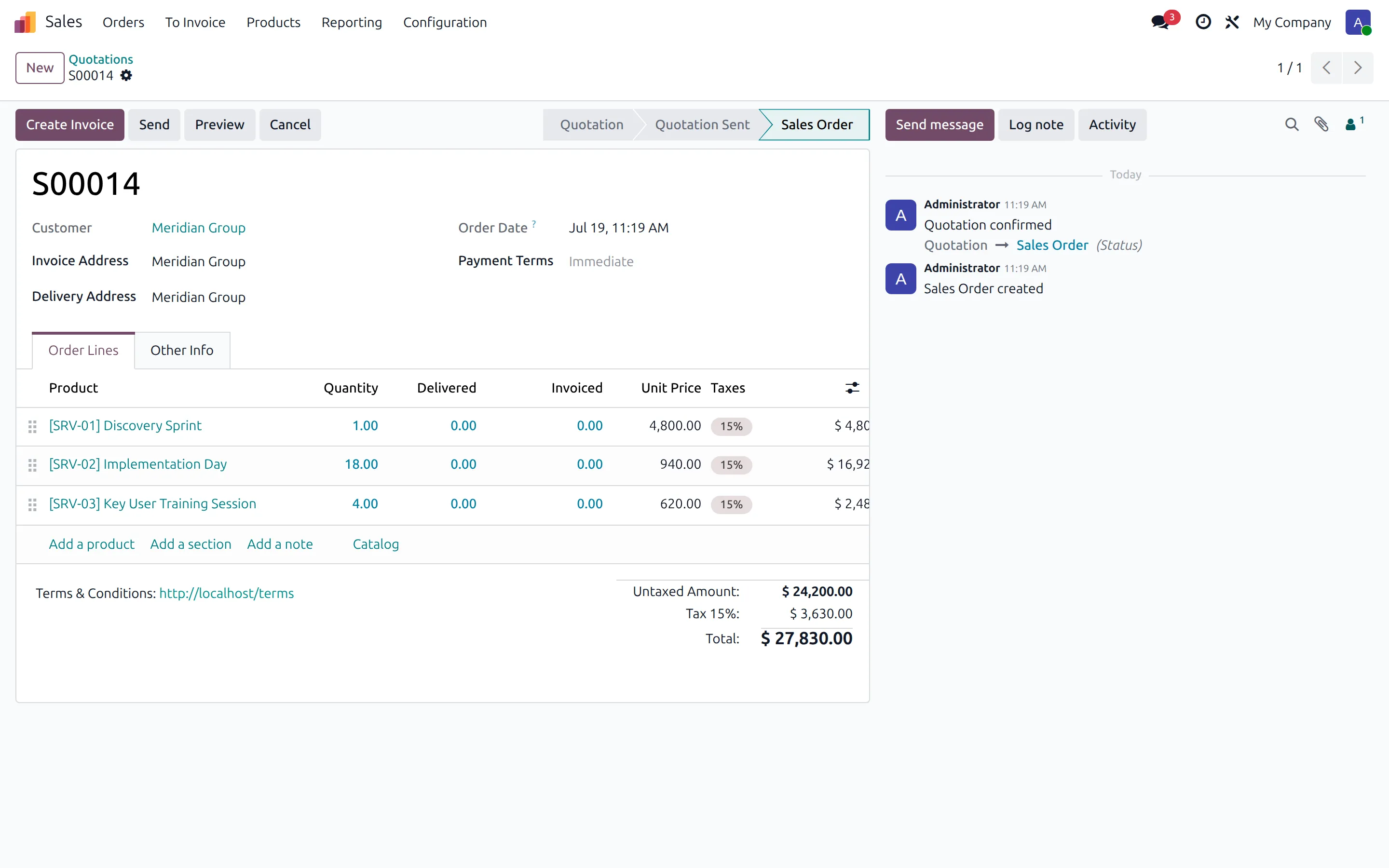 Odoo quotation for a consulting engagement with sprint, implementation days and training
