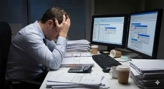 Une personne se grattant la tête devant des fichiers excels et un bug.